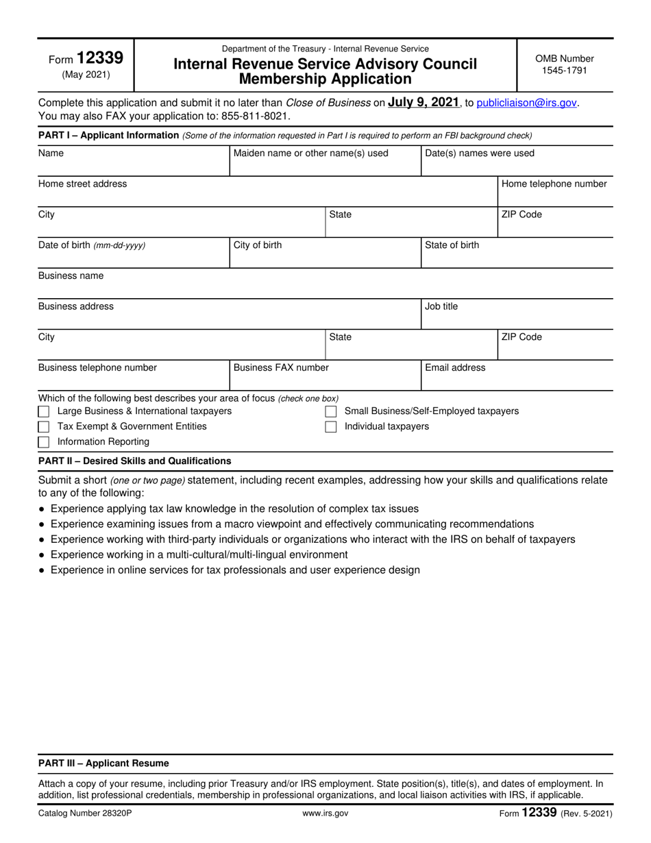IRS Form 12339 Internal Revenue Service Advisory Council Membership Application, Page 1