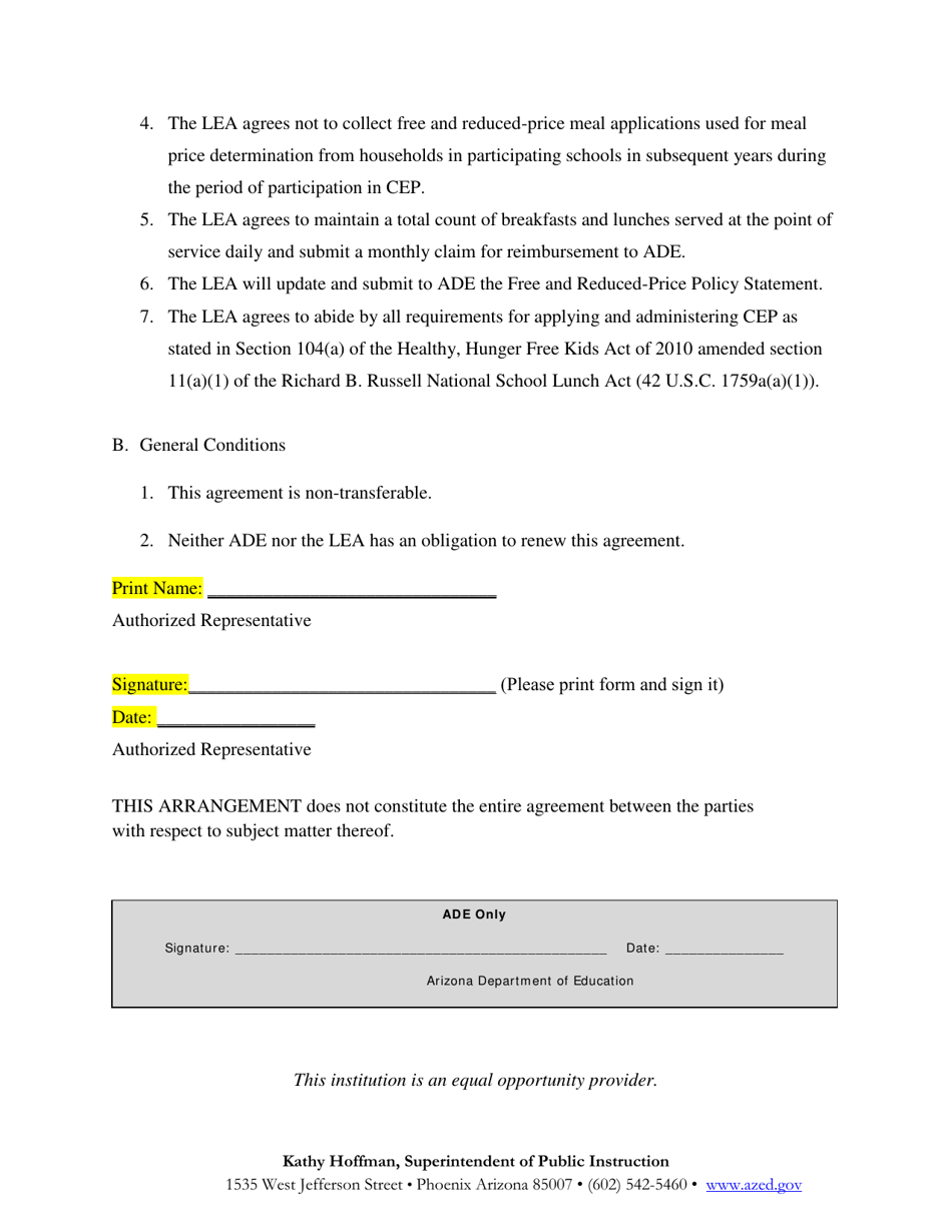 Participation Form - Local Educational Agency and Arizona Department of Education Agreement for the Community Eligibility Provision of the National School Lunch Program and School Breakfast Program - Arizona, Page 2