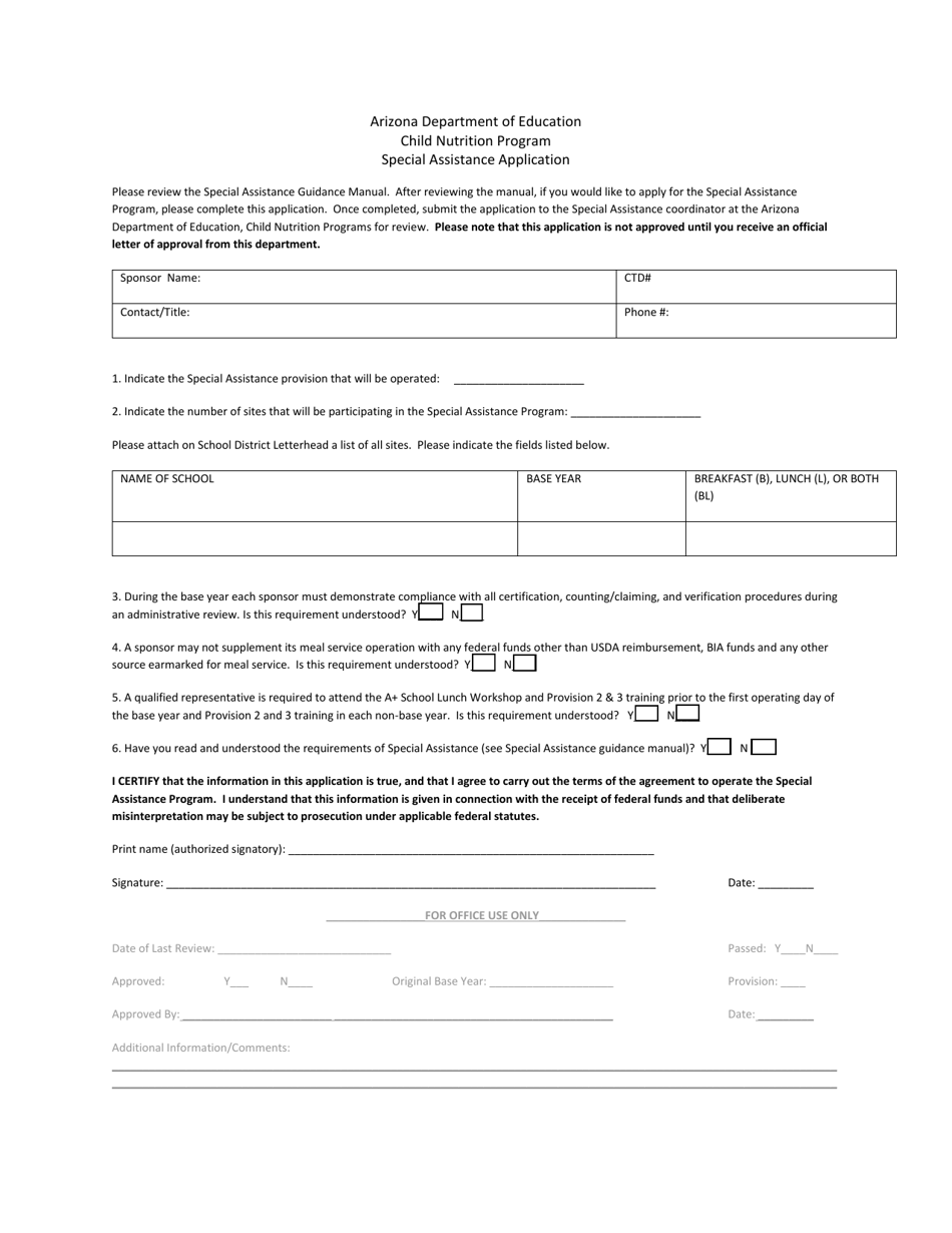 Special Assistance Application - Child Nutrition Program - Arizona, Page 1