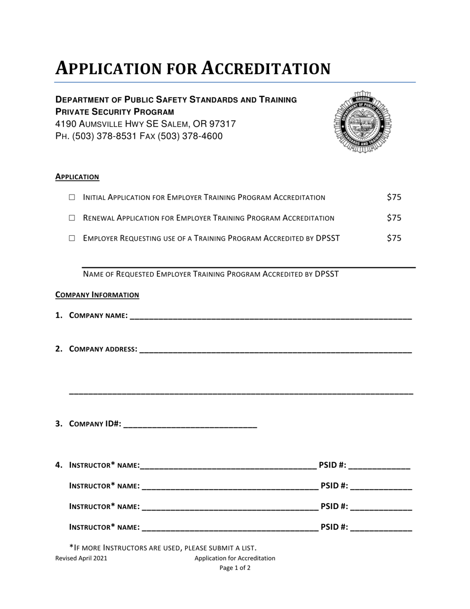 Application for Accreditation - Oregon, Page 1