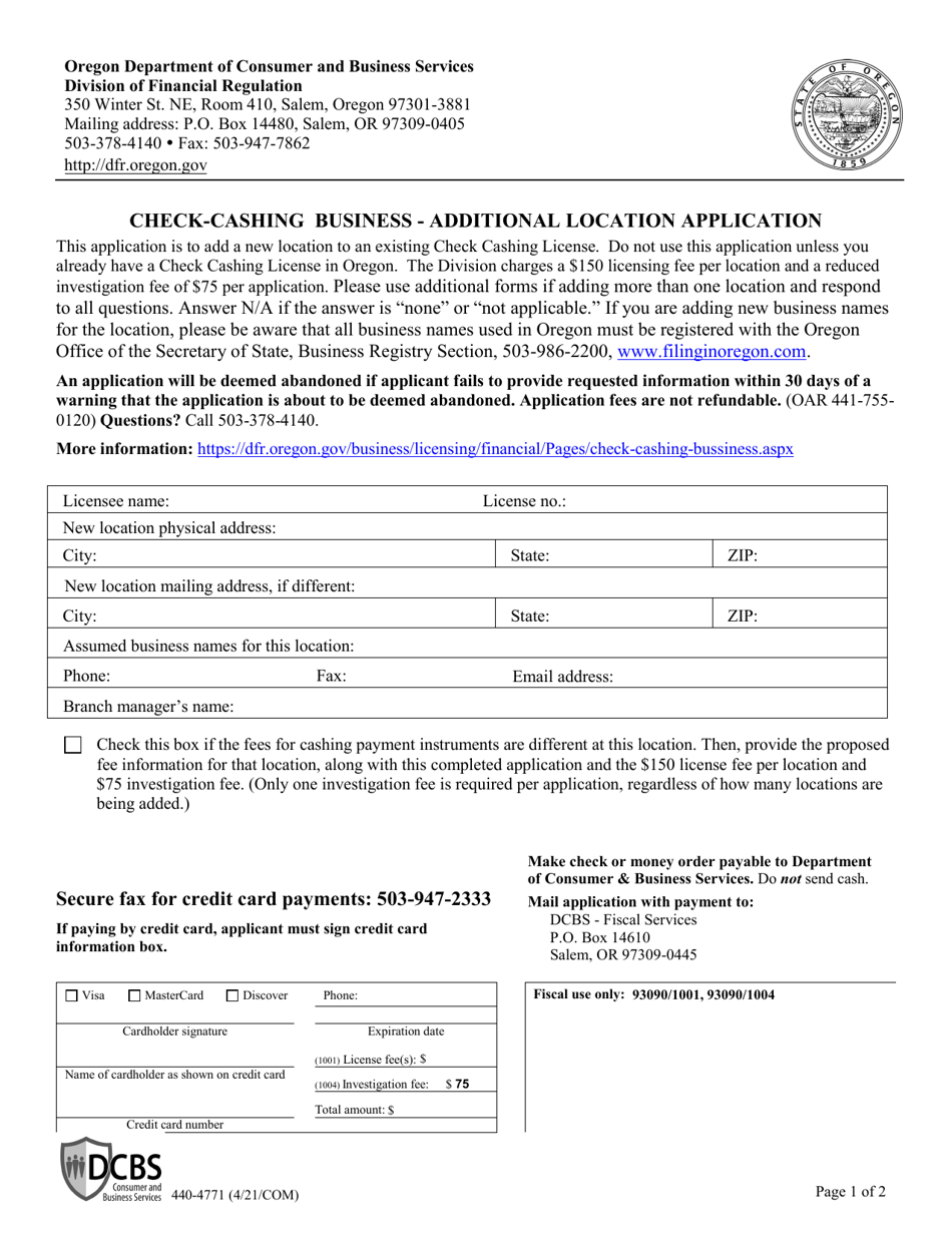 Form 440-4770 Check-Cashing Business - Additional Location Application - Oregon, Page 1