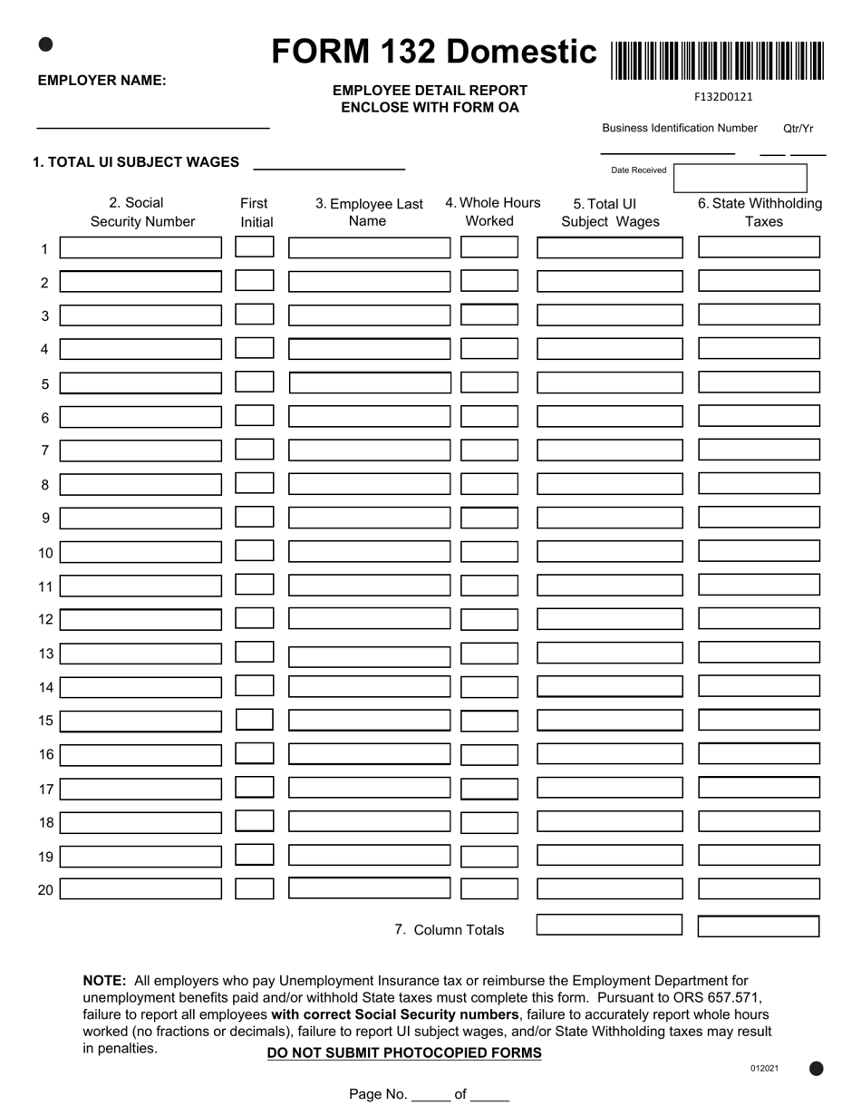 Form 132 DOMESTIC Employee Detail Report - Oregon, Page 1