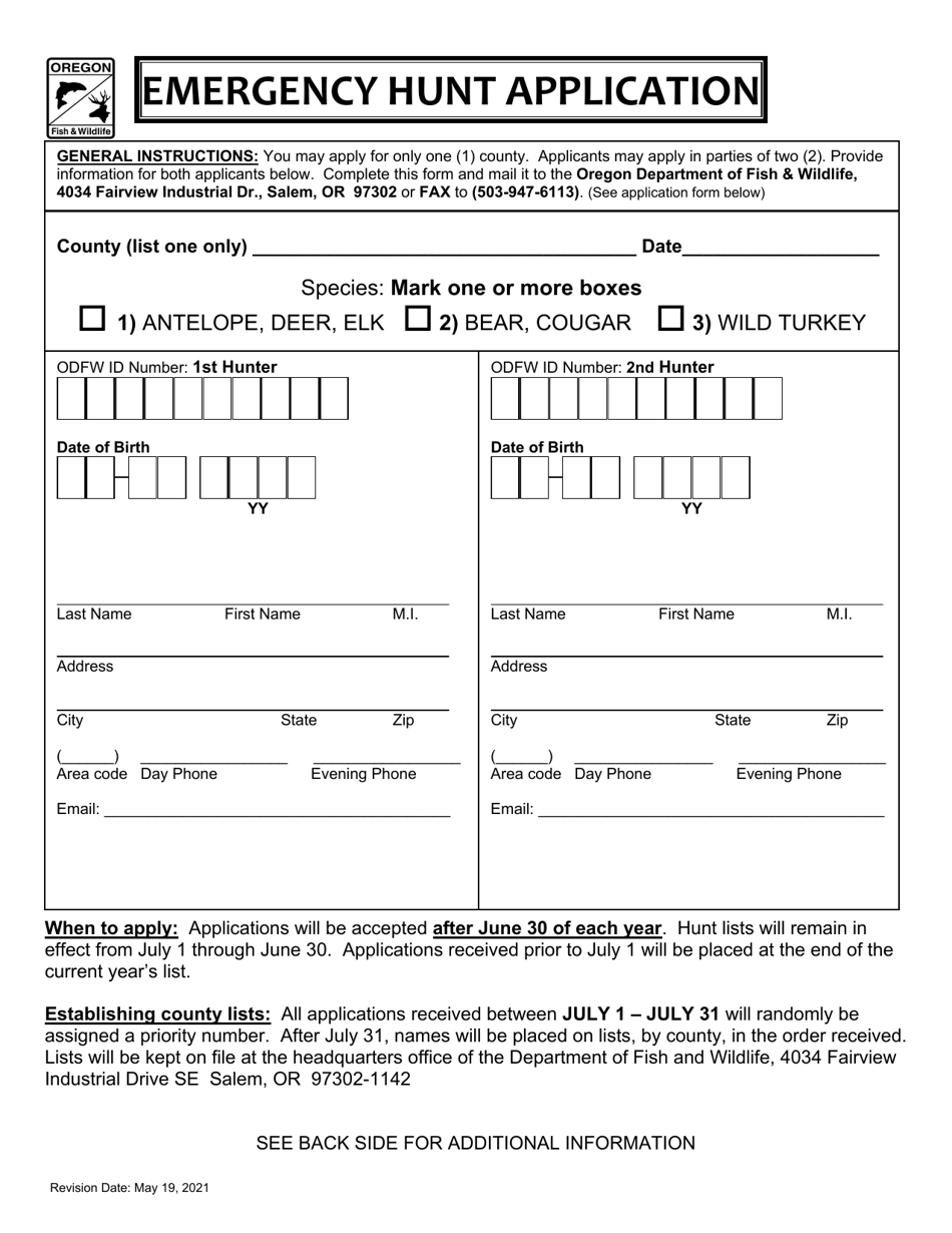 Oregon Emergency Hunt Application Download Printable PDF Templateroller