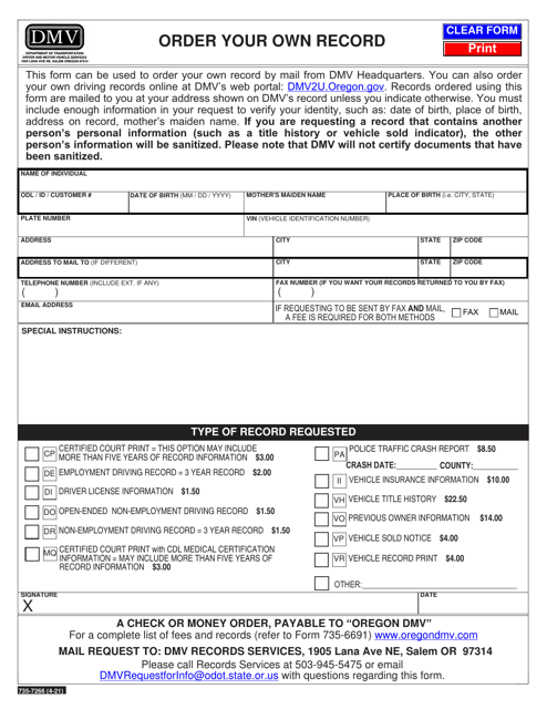 Form 735-7266 Order Your Own Record - Oregon