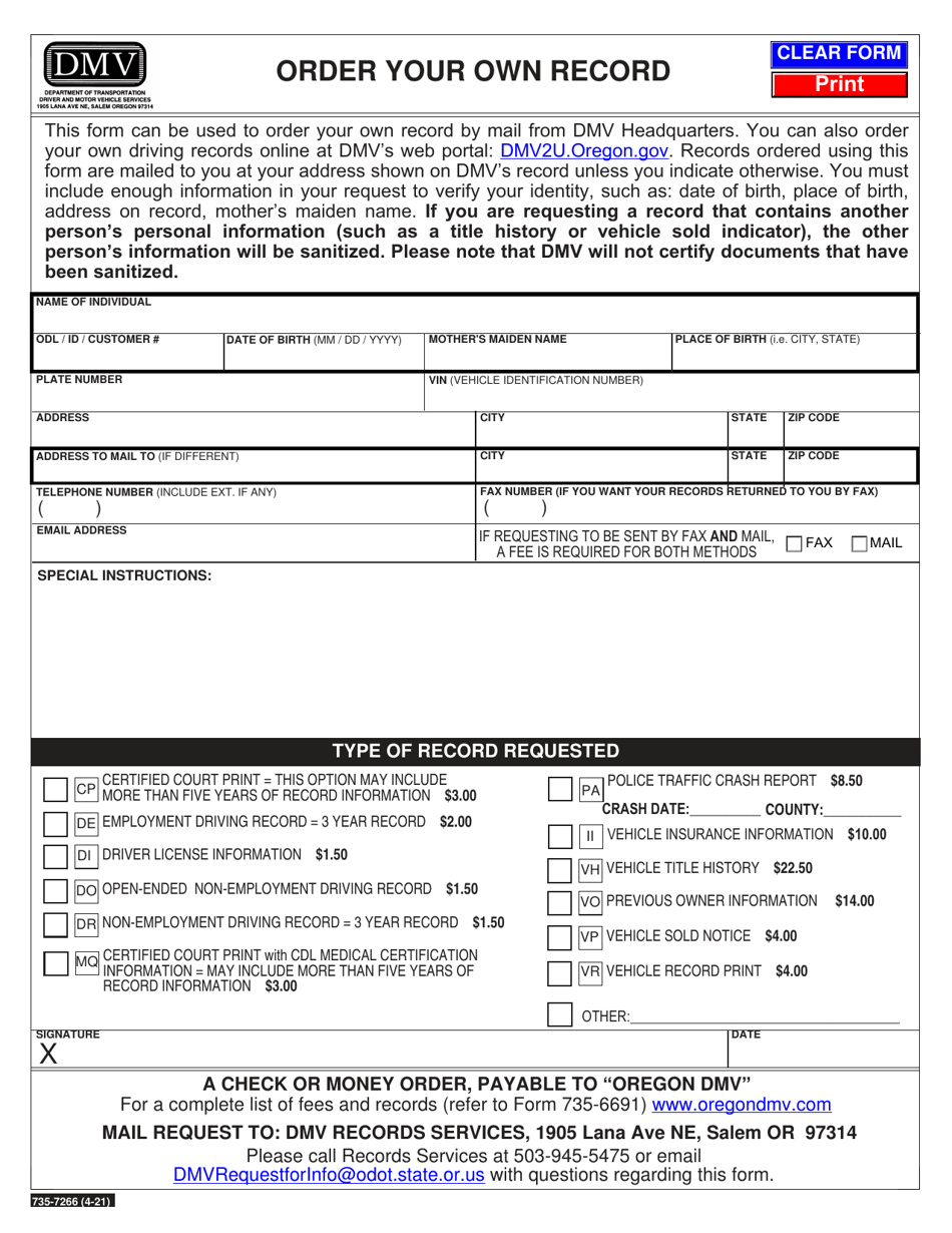 Form 735-7266 Order Your Own Record - Oregon, Page 1