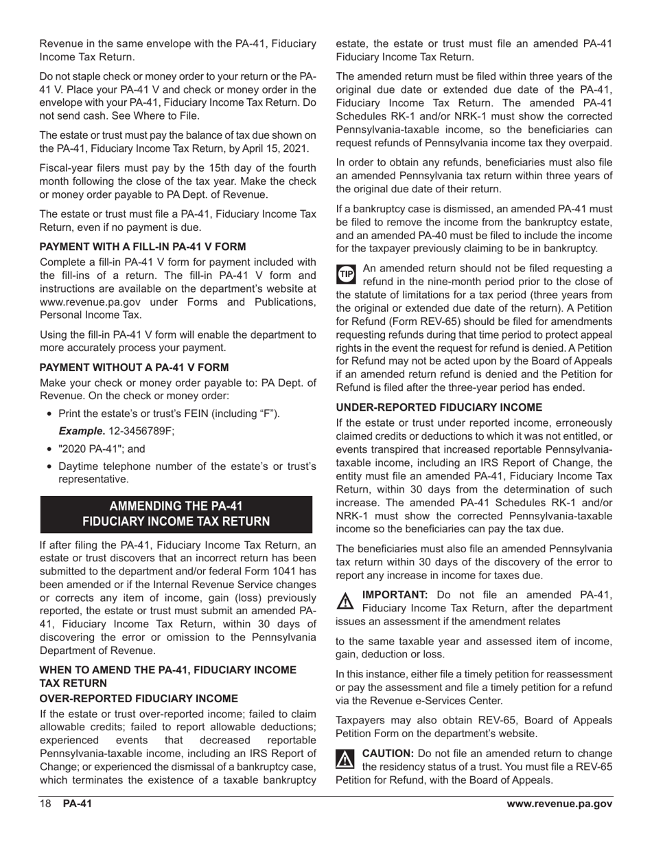Form PA-41 Pa Fiduciary Income Tax Return - Pennsylvania, Page 20