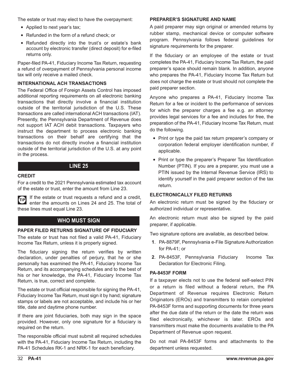 Form PA-41 Pa Fiduciary Income Tax Return - Pennsylvania, Page 34