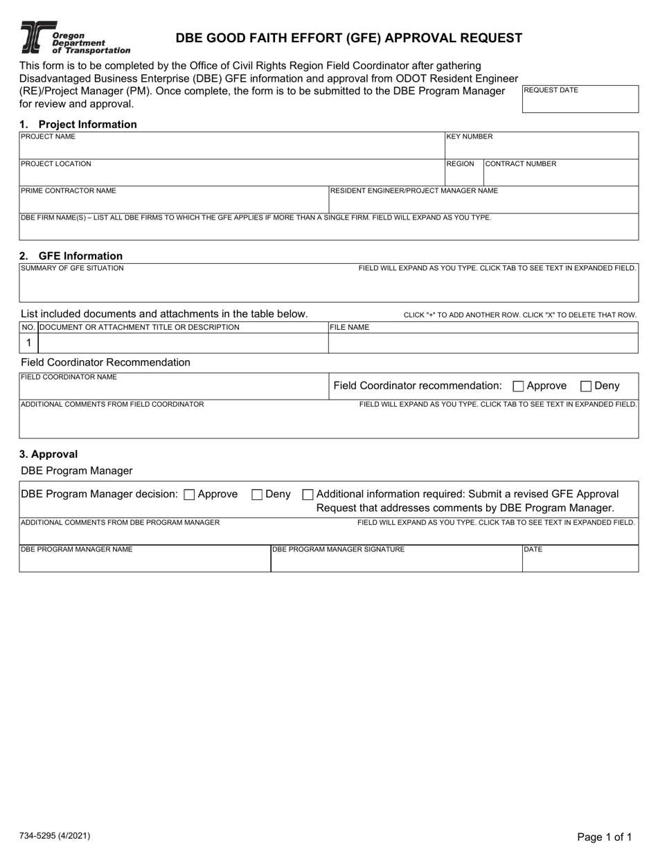 Form 734-5295 Dbe Good Faith Effort (GFE) Approval Request - Oregon, Page 1