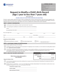 Document preview: Form HD002289 Request to Modify a Child's Birth Record (Age 1 Year to Less Than 7 Years Old) - Pennsylvania