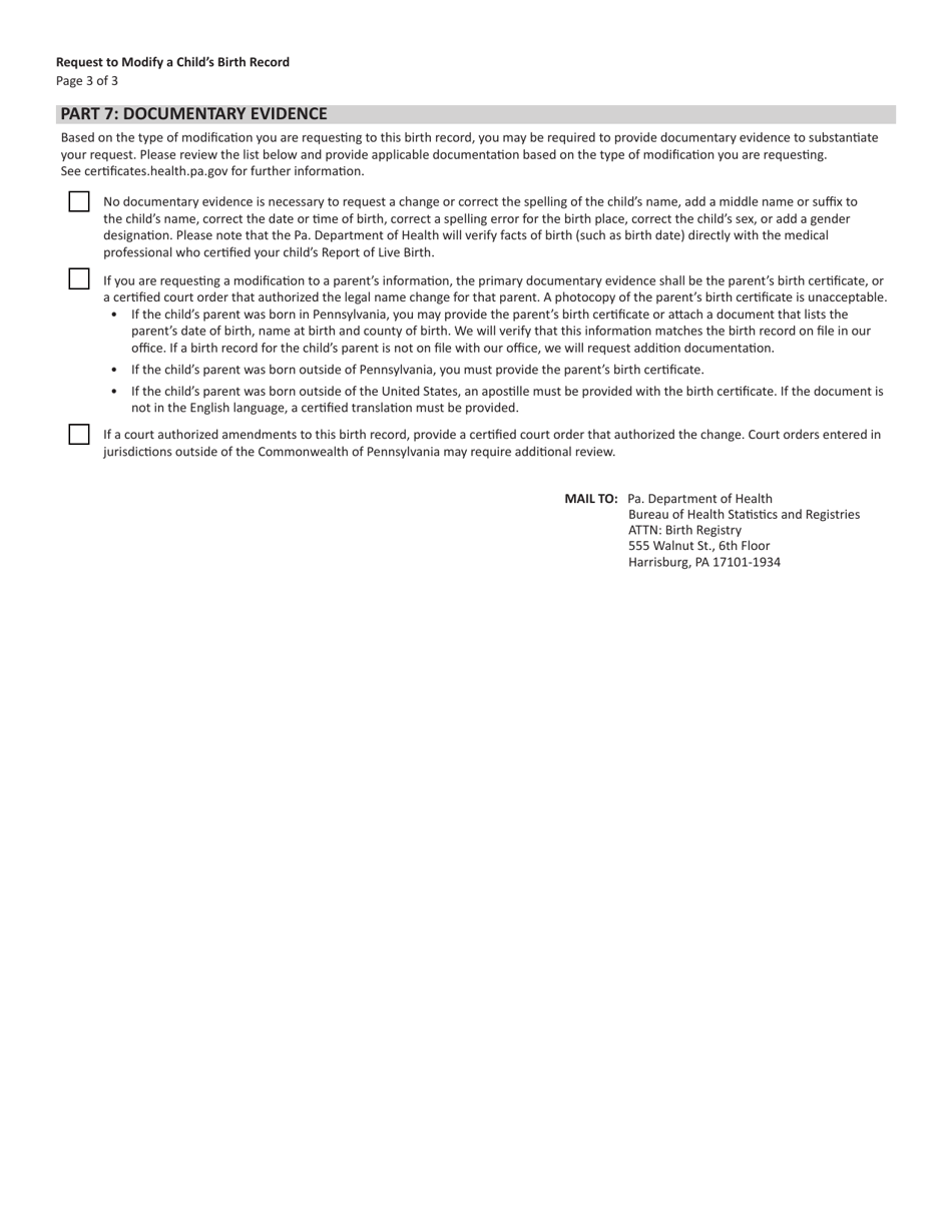 Form HD002289 Request to Modify a Childs Birth Record (Age 1 Year to Less Than 7 Years Old) - Pennsylvania, Page 3