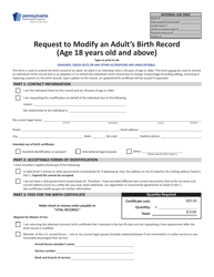 Document preview: Form HD002292 Request to Modify an Adult's Birth Record (Age 18 Years Old and Above) - Pennsylvania