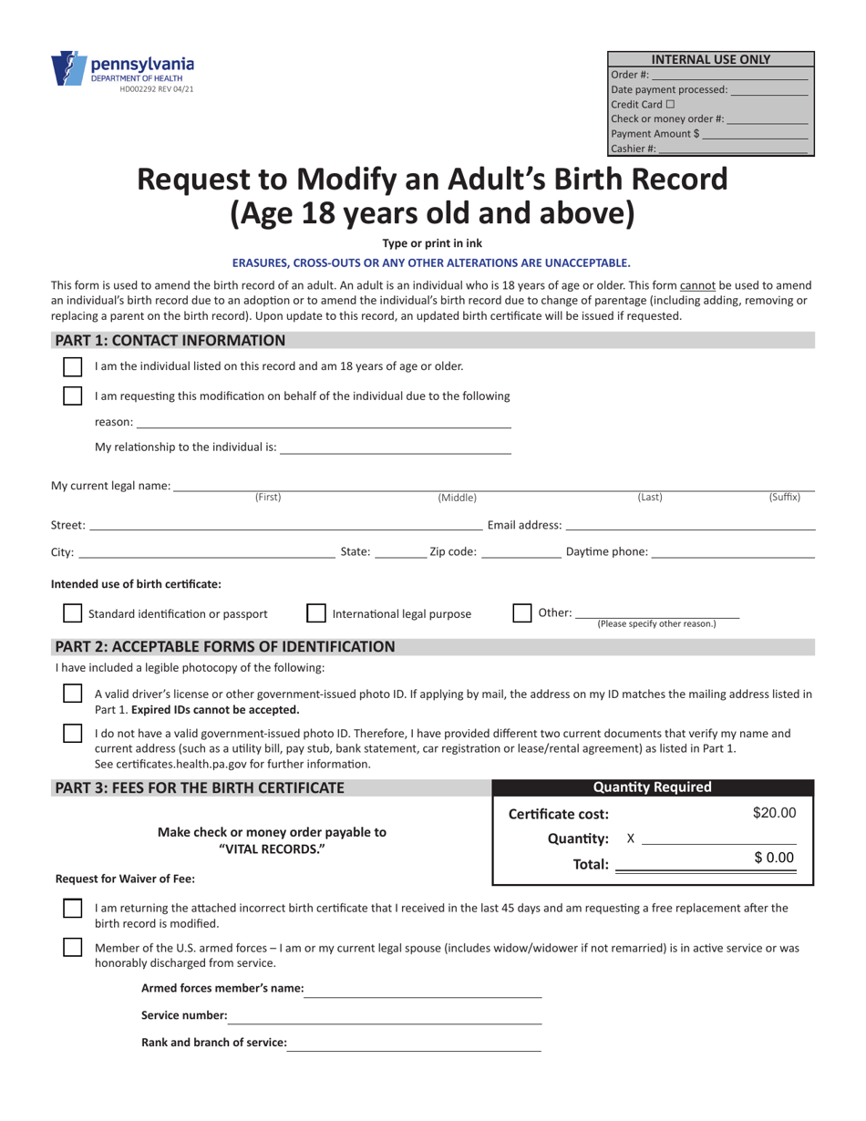 Form HD002292 Request to Modify an Adult's Birth Record (Age 18 Years Old and Above) - Pennsylvania, Page 1