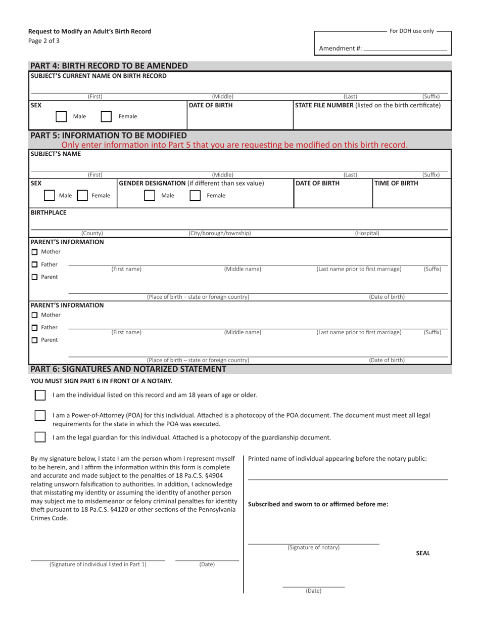 Form HD002292 Request to Modify an Adults Birth Record (Age 18 Years Old and Above) - Pennsylvania, Page 2