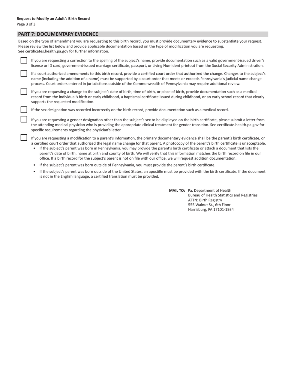 Form HD002292 Request to Modify an Adults Birth Record (Age 18 Years Old and Above) - Pennsylvania, Page 3