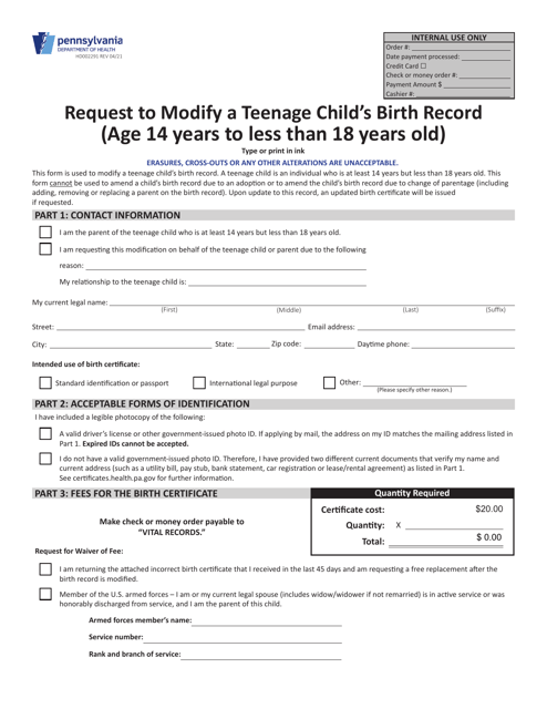 Form HD002291 Request to Modify a Teenage Child's Birth Record (Age 14 Years to Less Than 18 Years Old) - Pennsylvania