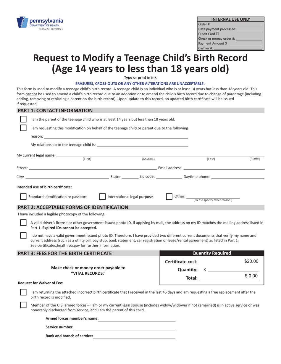 Form HD002291 Request to Modify a Teenage Childs Birth Record (Age 14 Years to Less Than 18 Years Old) - Pennsylvania, Page 1