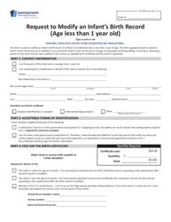 Document preview: Form HD002272 Request to Modify an Infant's Birth Record (Age Less Than 1 Year Old) - Pennsylvania