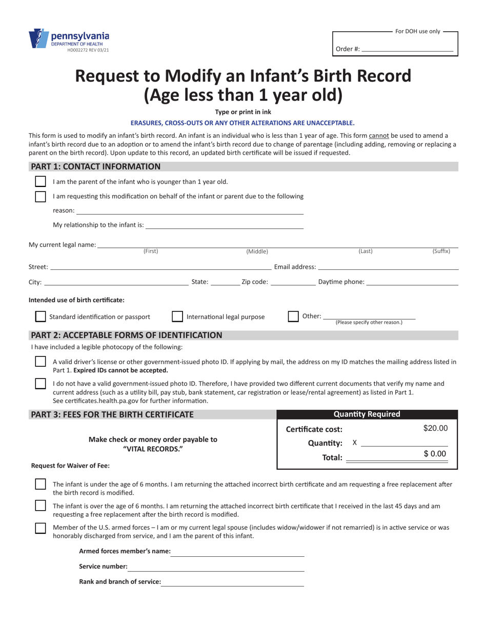 Form HD002272 Request to Modify an Infants Birth Record (Age Less Than 1 Year Old) - Pennsylvania, Page 1