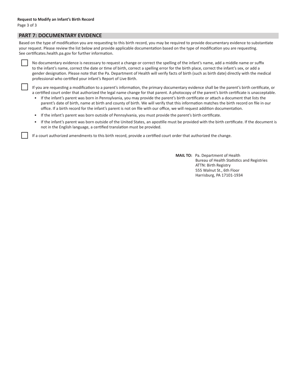 Form HD002272 Request to Modify an Infants Birth Record (Age Less Than 1 Year Old) - Pennsylvania, Page 3