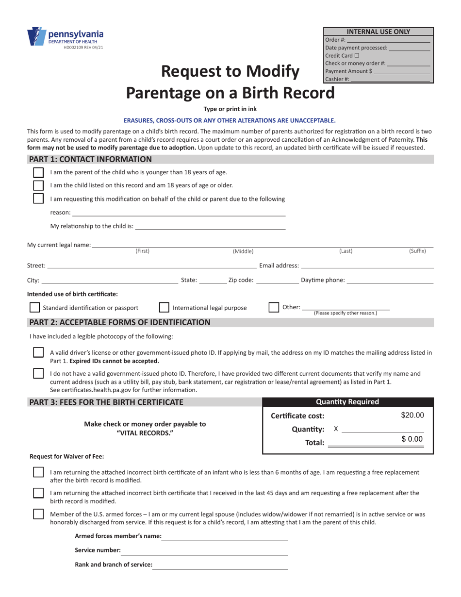 Form HD002109 Request to Modify Parentage on a Birth Record - Pennsylvania, Page 1