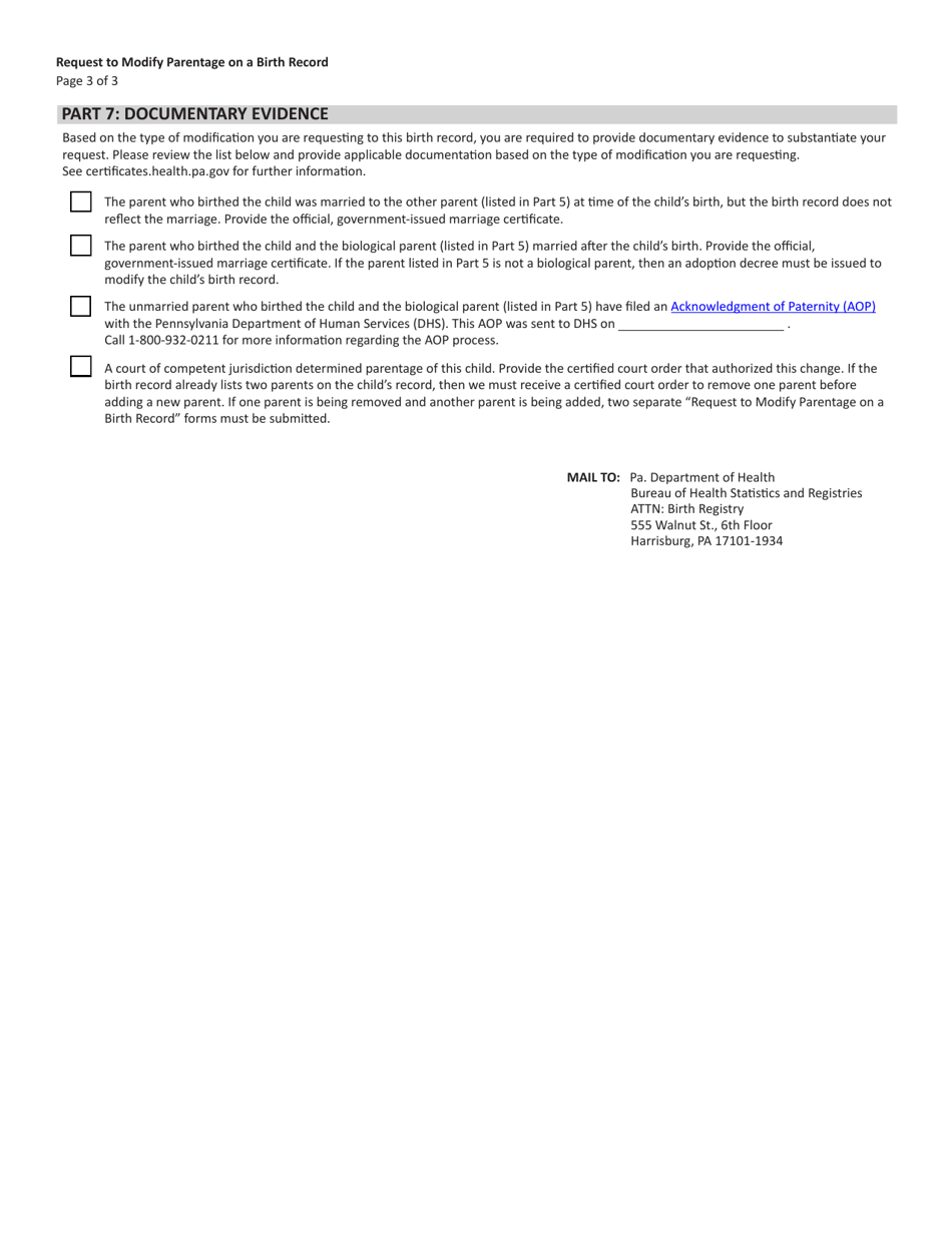 Form HD002109 Request to Modify Parentage on a Birth Record - Pennsylvania, Page 3