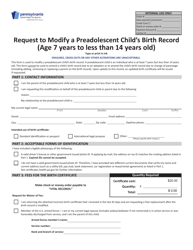 Document preview: Form HD002290 Request to Modify a Preadolescent Child's Birth Record (Age 7 Years to Less Than 14 Years Old) - Pennsylvania