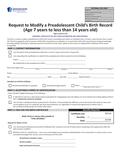 Form HD002290 Request to Modify a Preadolescent Child's Birth Record (Age 7 Years to Less Than 14 Years Old) - Pennsylvania
