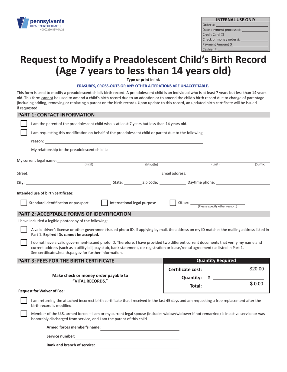 Form HD002290 Request to Modify a Preadolescent Childs Birth Record (Age 7 Years to Less Than 14 Years Old) - Pennsylvania, Page 1