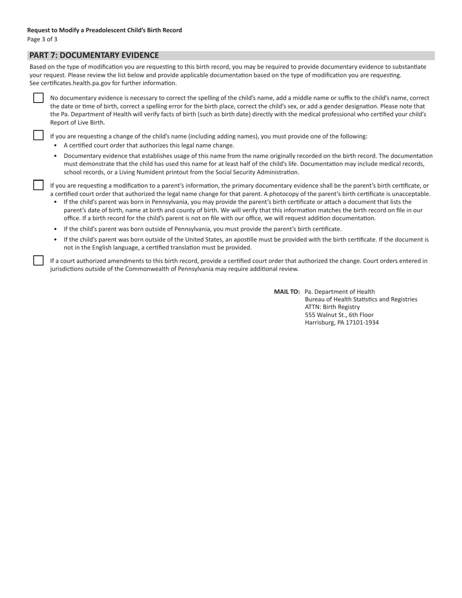 Form HD002290 Request to Modify a Preadolescent Childs Birth Record (Age 7 Years to Less Than 14 Years Old) - Pennsylvania, Page 3