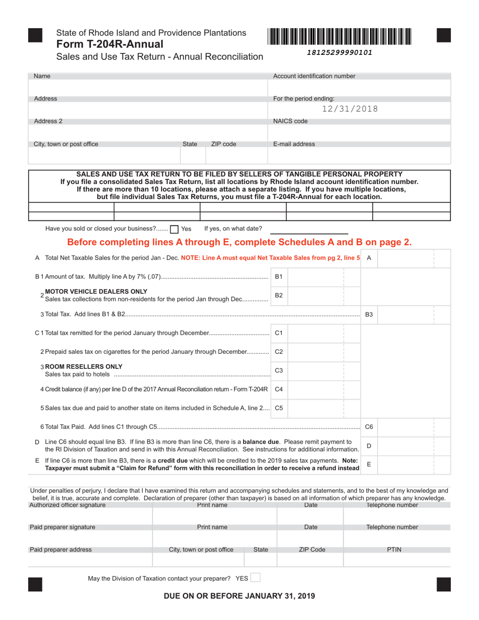 Form T-204R-ANNUAL Sales and Use Tax Return - Annual Reconciliation for Sellers of Tangible Property - Rhode Island, Page 1