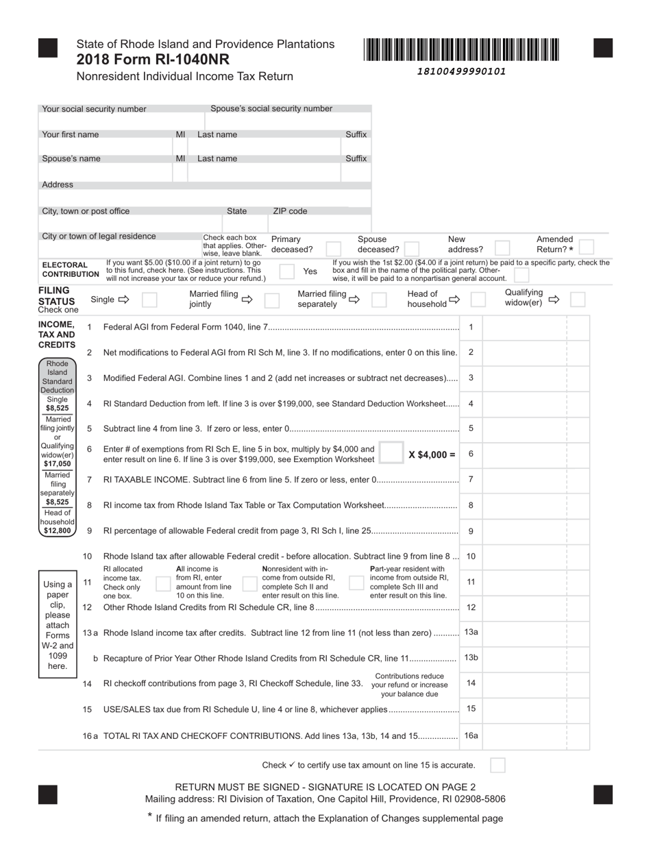 Form RI-1040NR Nonresident Individual Income Tax Return - Rhode Island, Page 1