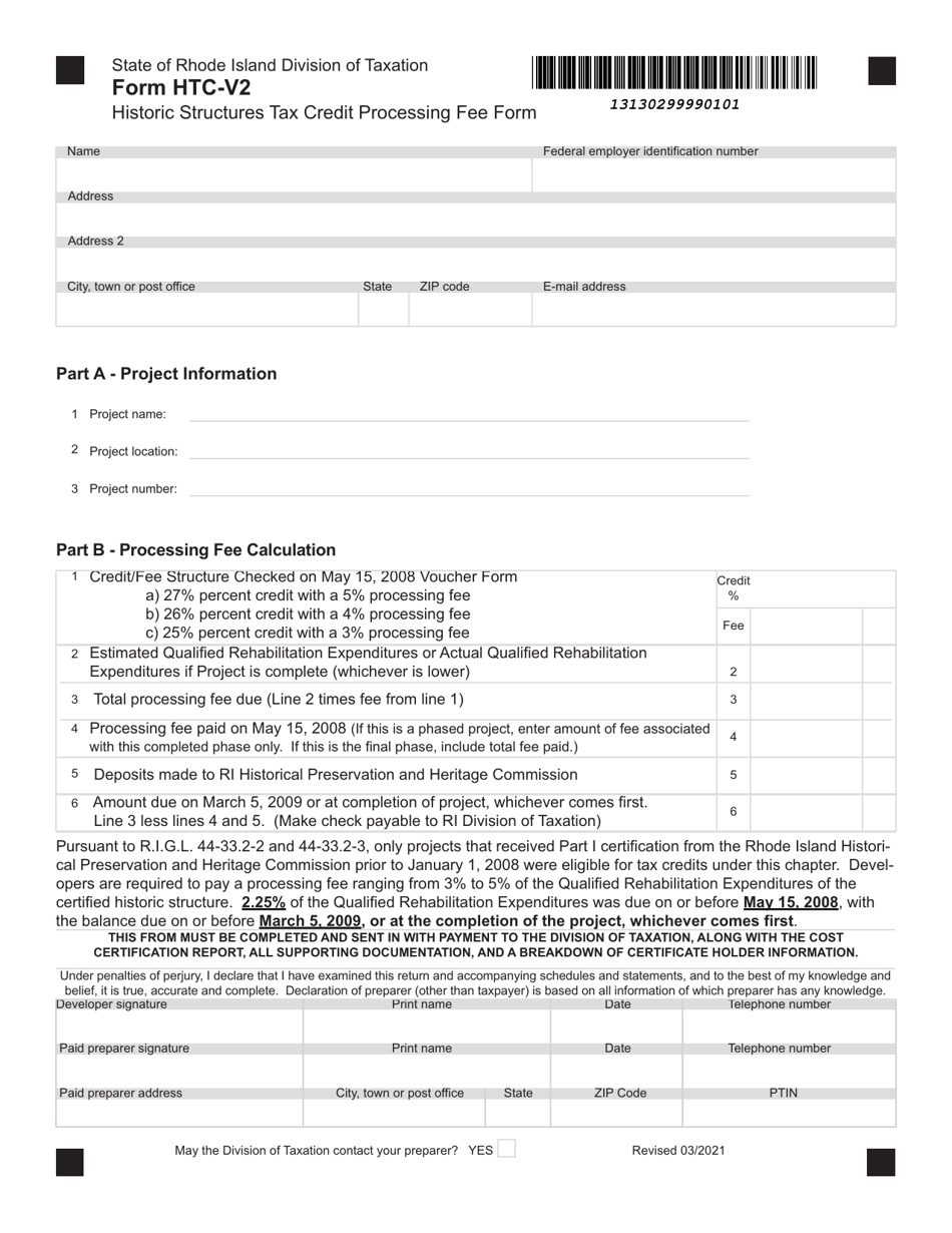 Form HTC-V2 Historic Structures Tax Credit Processing Fee Form - Rhode Island, Page 1