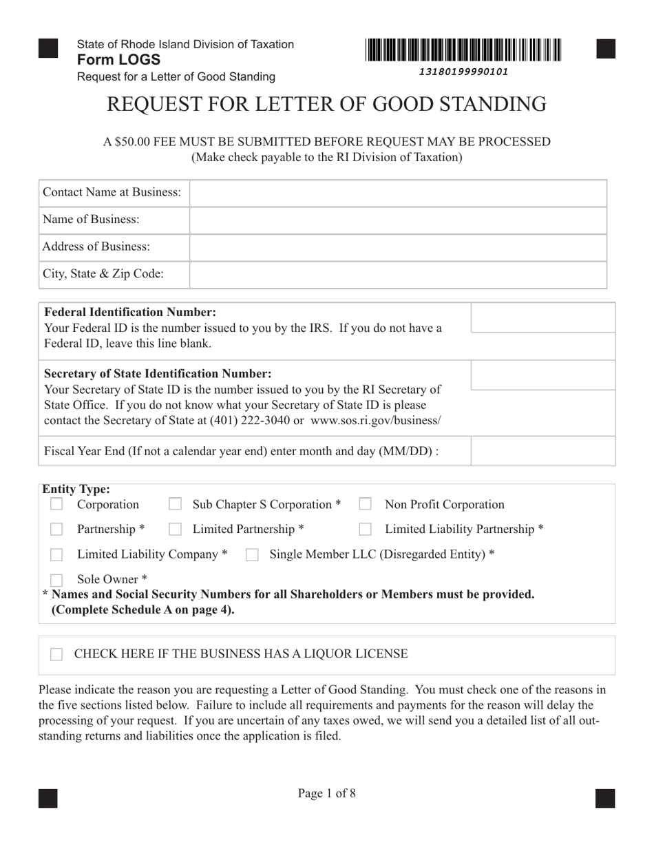 Form LOGS Request for Letter of Good Standing - Rhode Island, Page 1