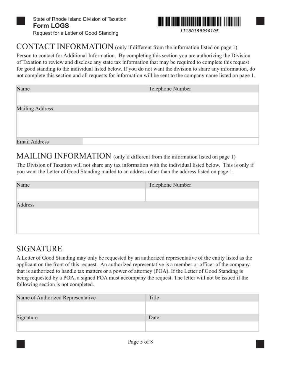 Form LOGS Request for Letter of Good Standing - Rhode Island, Page 5