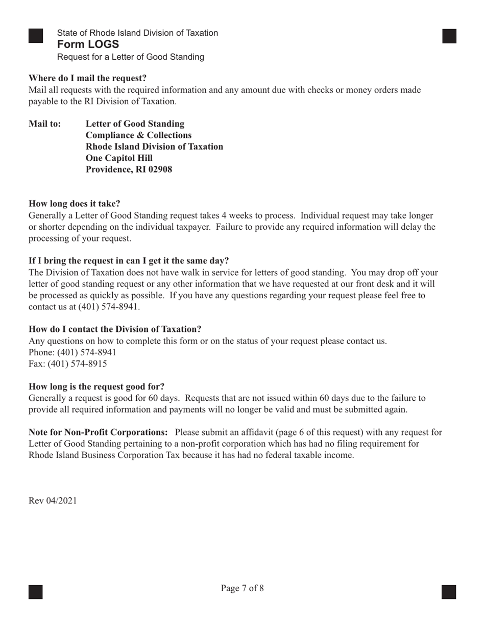 Form LOGS Request for Letter of Good Standing - Rhode Island, Page 7