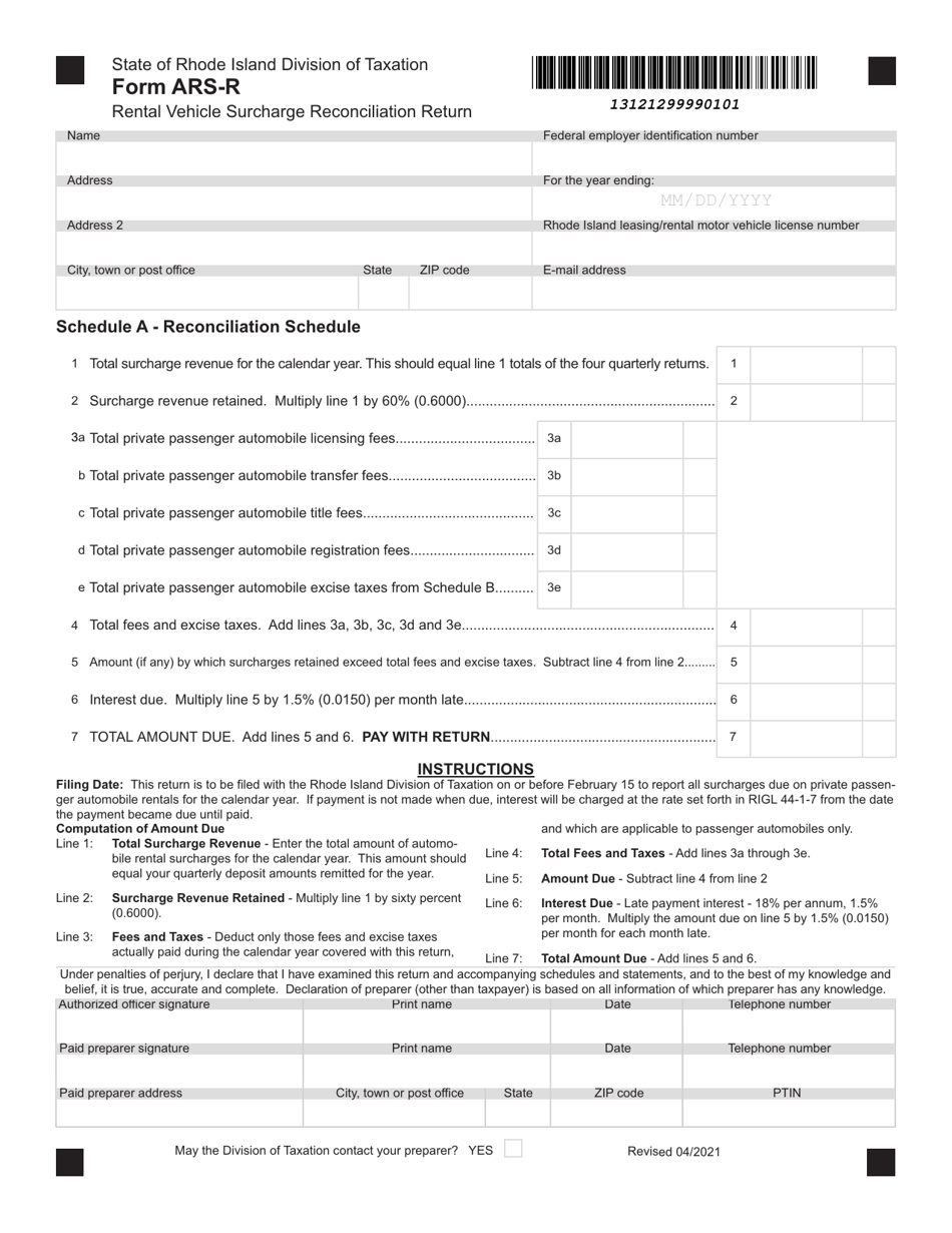 Form ARS-R Rental Vehicle Surcharge Reconciliation Return - Rhode Island, Page 1