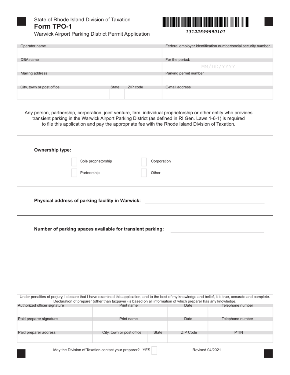 Form TPO1 Download Fillable PDF or Fill Online Warwick Airport Parking