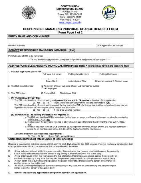 Responsible Managing Indivdual Change Request Form - Oregon Download Pdf