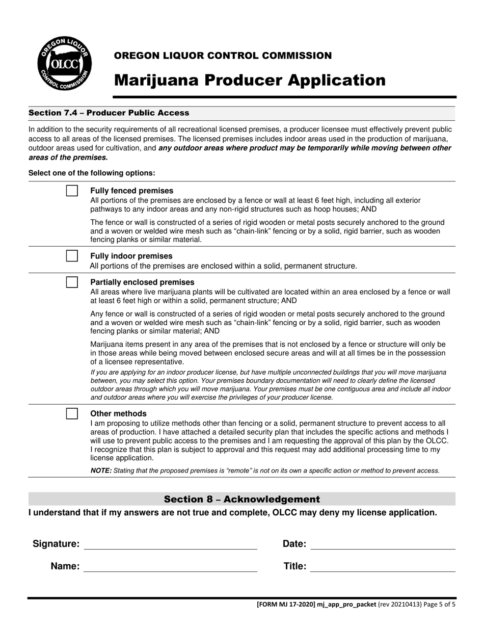 Form MJ17-2020 Marijuana Producer Application - Oregon, Page 6
