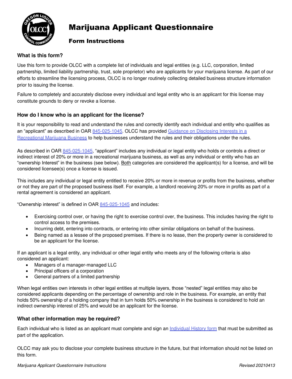 Form MJ20-1060 Marijuana Applicant Questionnaire - Oregon, Page 1