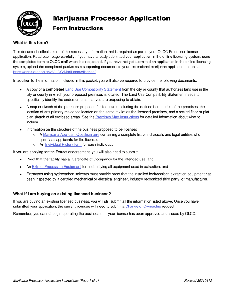 Form MJ17-3020 Marijuana Processor Application - Oregon, Page 1