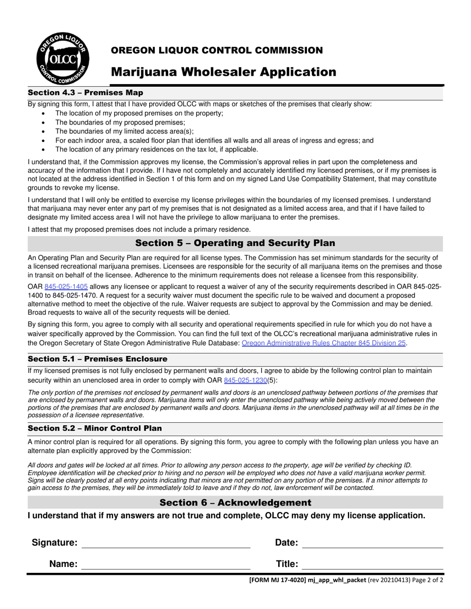 Form MJ17-4020 Marijuana Wholesaler Application - Oregon, Page 3