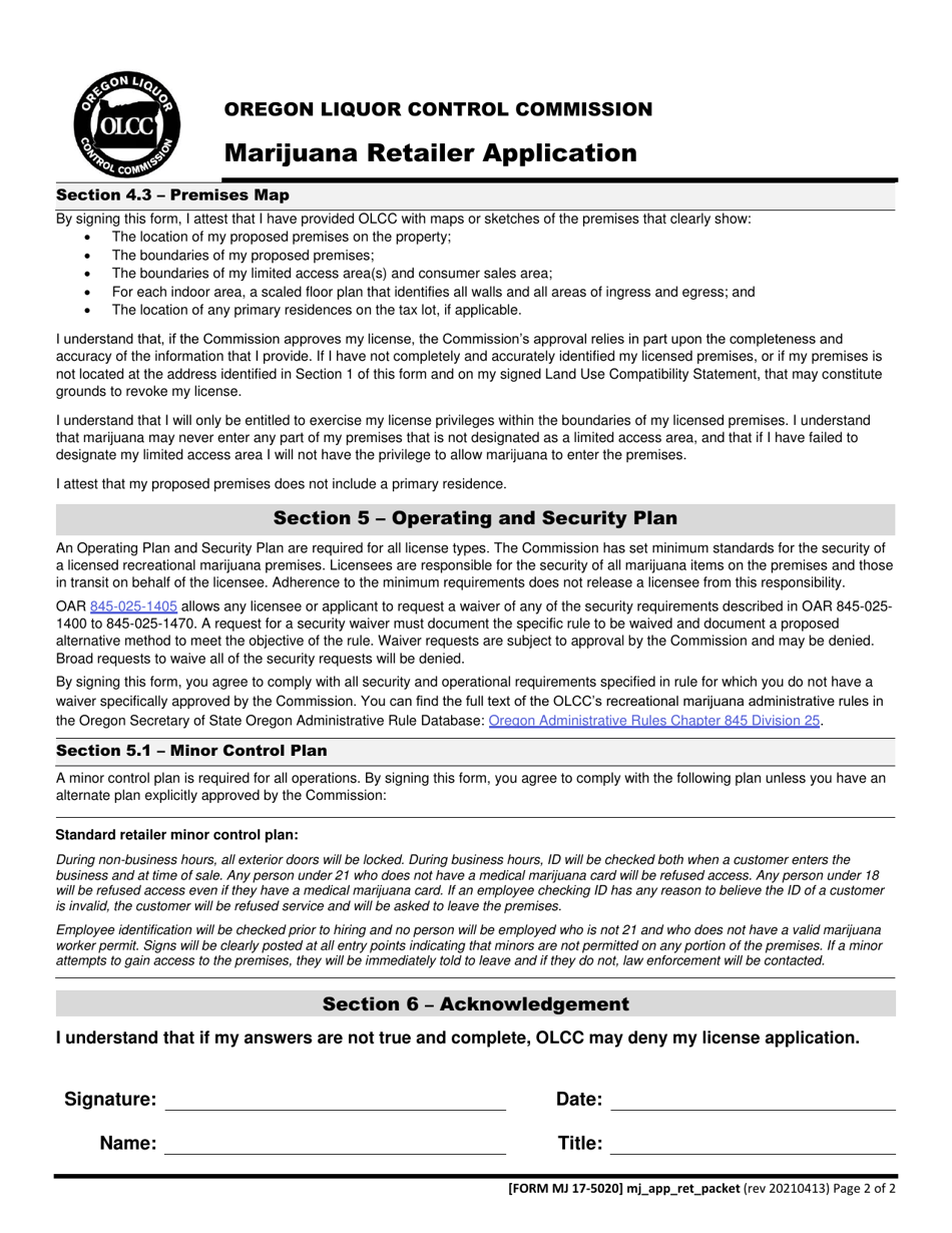Form MJ17-5020 Marijuana Retailer Application - Oregon, Page 3