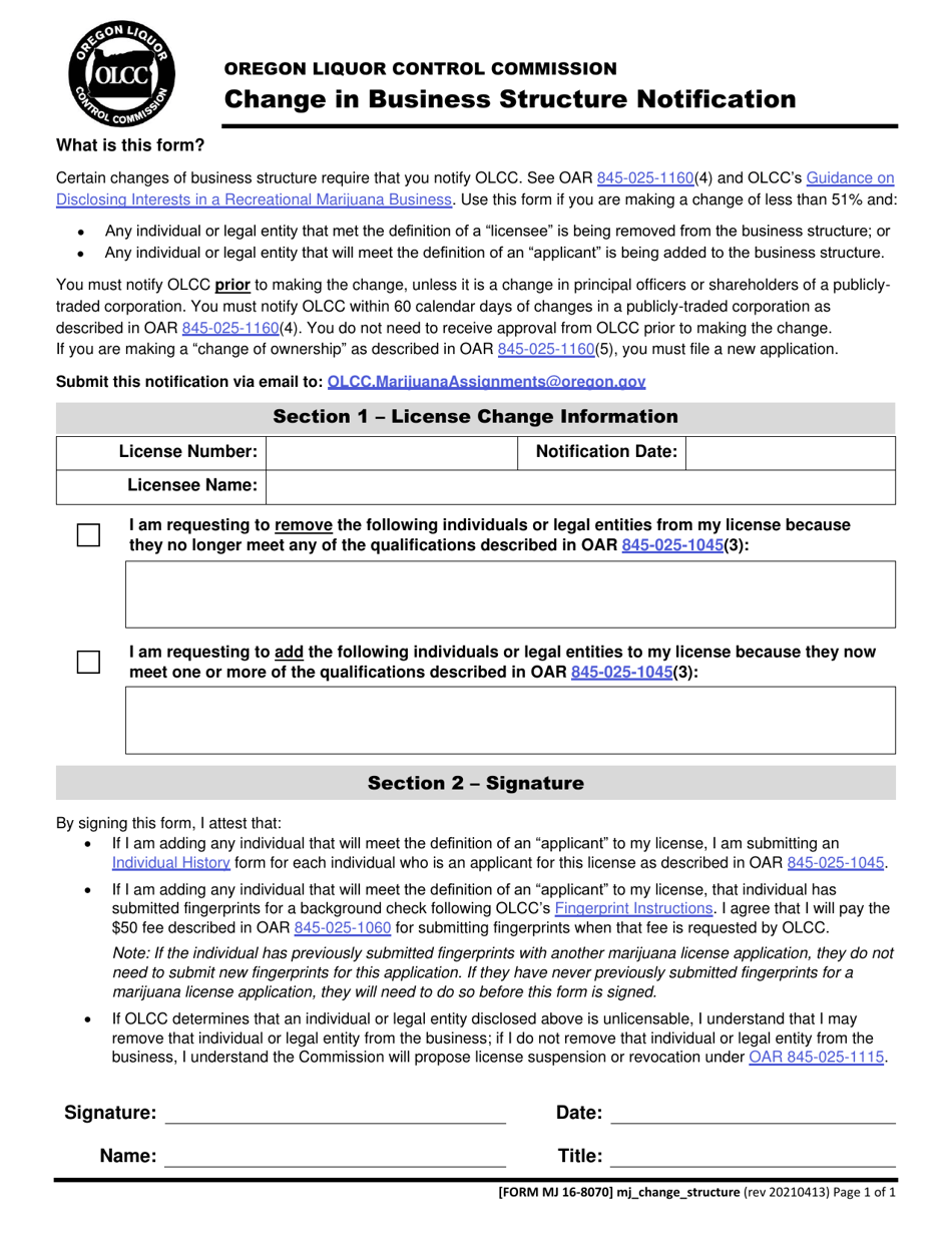 Form MJ16-8070 Change in Business Structure Notification - Oregon, Page 1