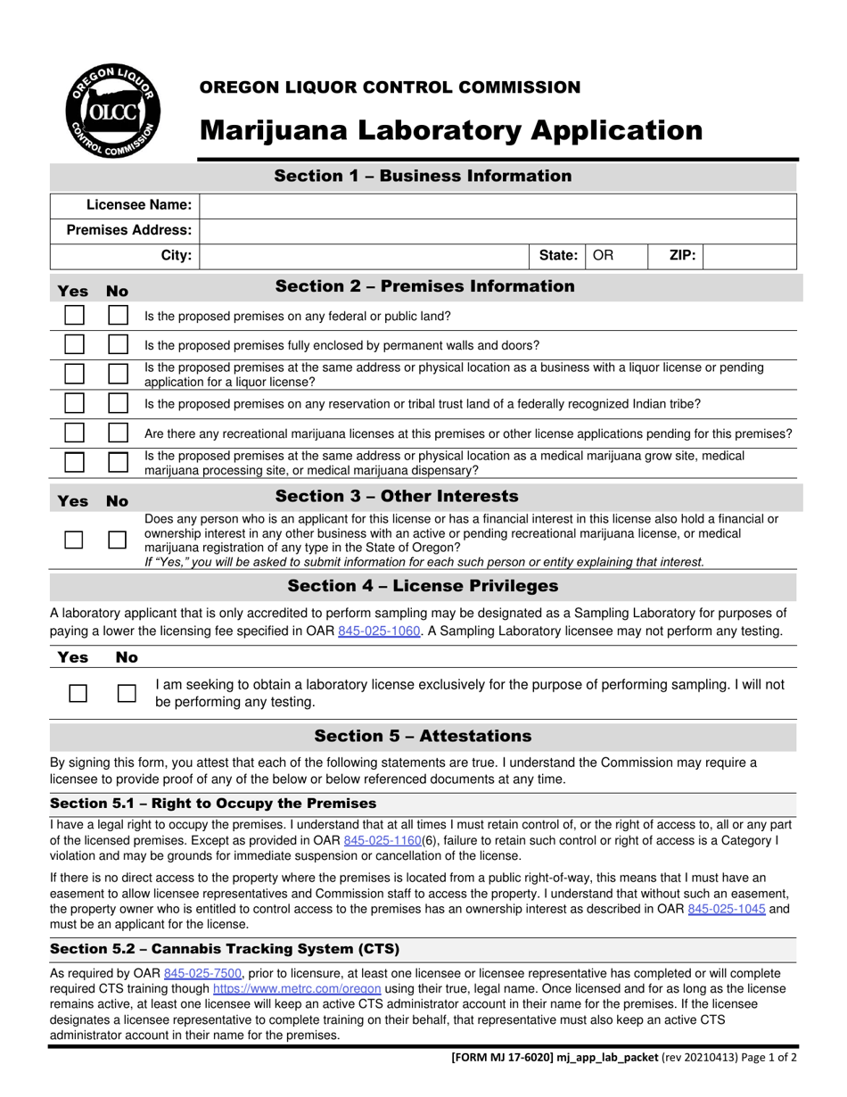 Form MJ17-6020 Marijuana Laboratory Application - Oregon, Page 2