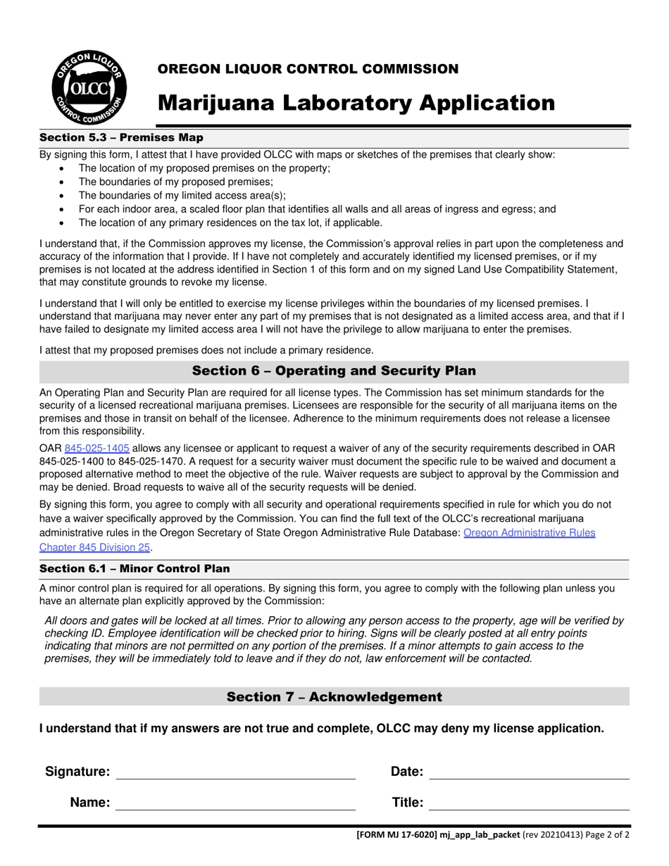 Form MJ17-6020 Marijuana Laboratory Application - Oregon, Page 3