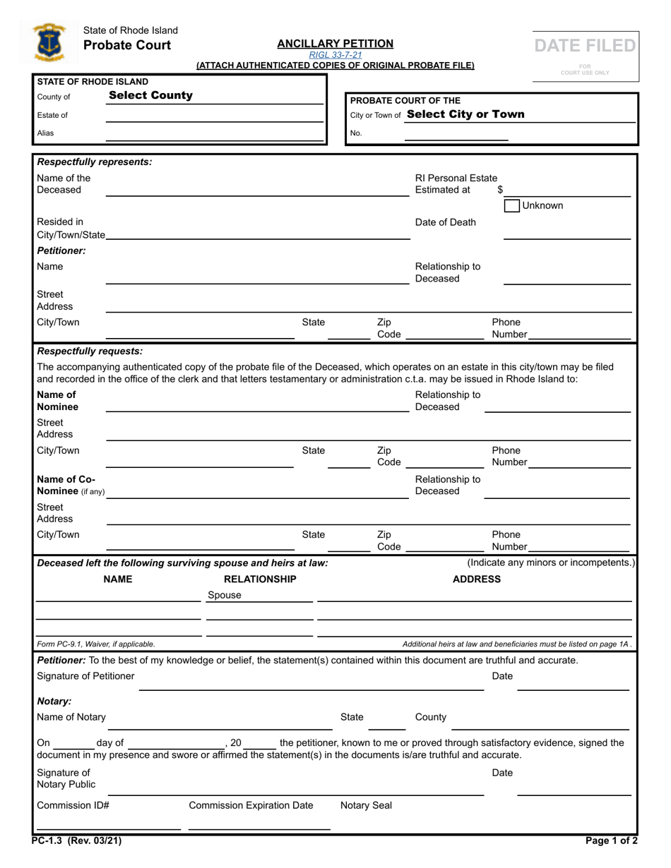 Form PC-1.3 Ancillary Petition - Rhode Island, Page 1