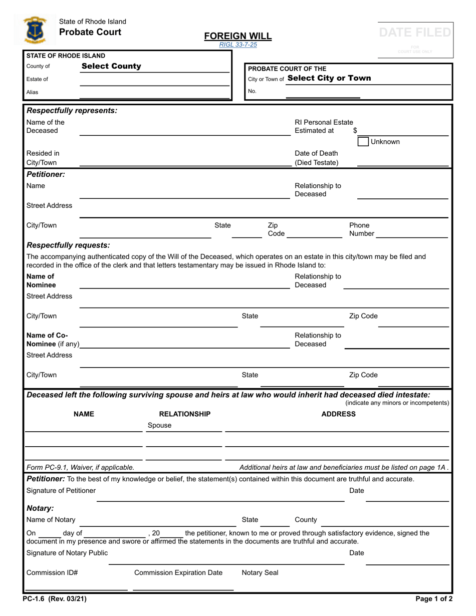 Form PC-1.6 Foreign Will - Rhode Island, Page 1