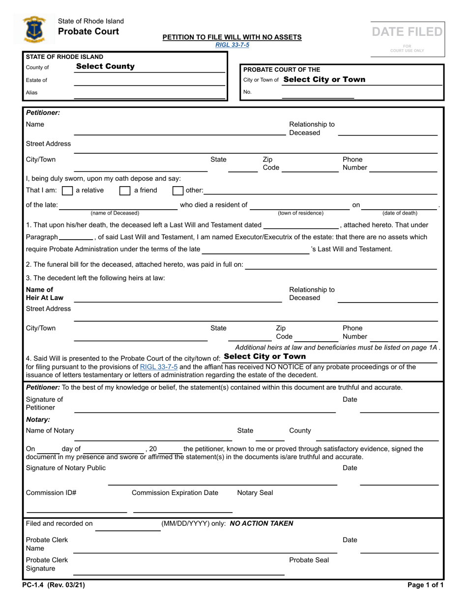 Form PC-1.4 Petition to File Will With No Assets - Rhode Island, Page 1