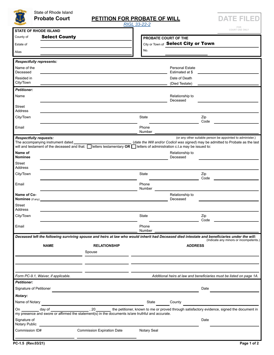 Form PC-1.5 Petition for Probate of Will - Rhode Island, Page 1
